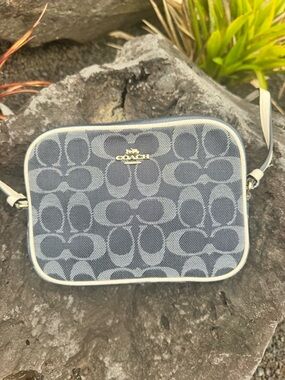 Coach Denim Signature Camera Bag Crossbody Navy Jacquard Leather Trim Small